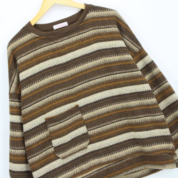 Vintage Fashion Sweater Women's Brown Knit Pullover Oversized Pocket Striped 2XL - Picture 2 of 7